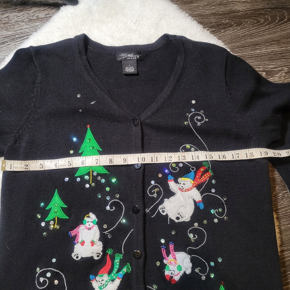 Vintage Festive Polar Bears Sweater Cotton Ramie Cardigan In Black Sz L - Picture 4 of 5